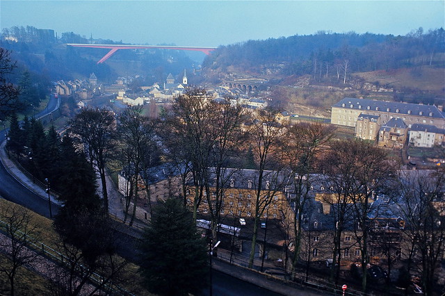 View of the Old Quarters across to the Grand Duchess Charlotte Bridge, Luxembourg City, January 1972 — photo by John Beach