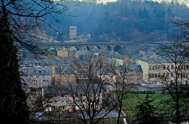 Hiel valley, lower Pfaffenthal district, showing Hiel-gate, railway bridge and primary school, Luxembourg City, January 1972 — photo by John Beach